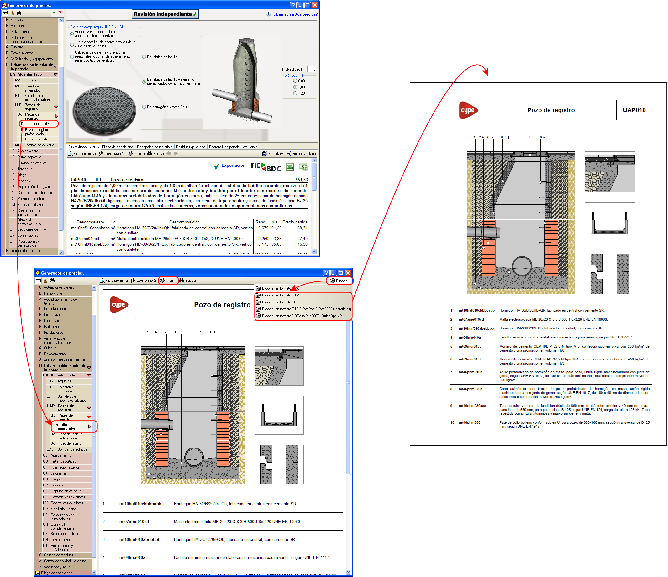 Detalle constructivo visualizado con el Generador de precios desde el apartado Precios descompuestos