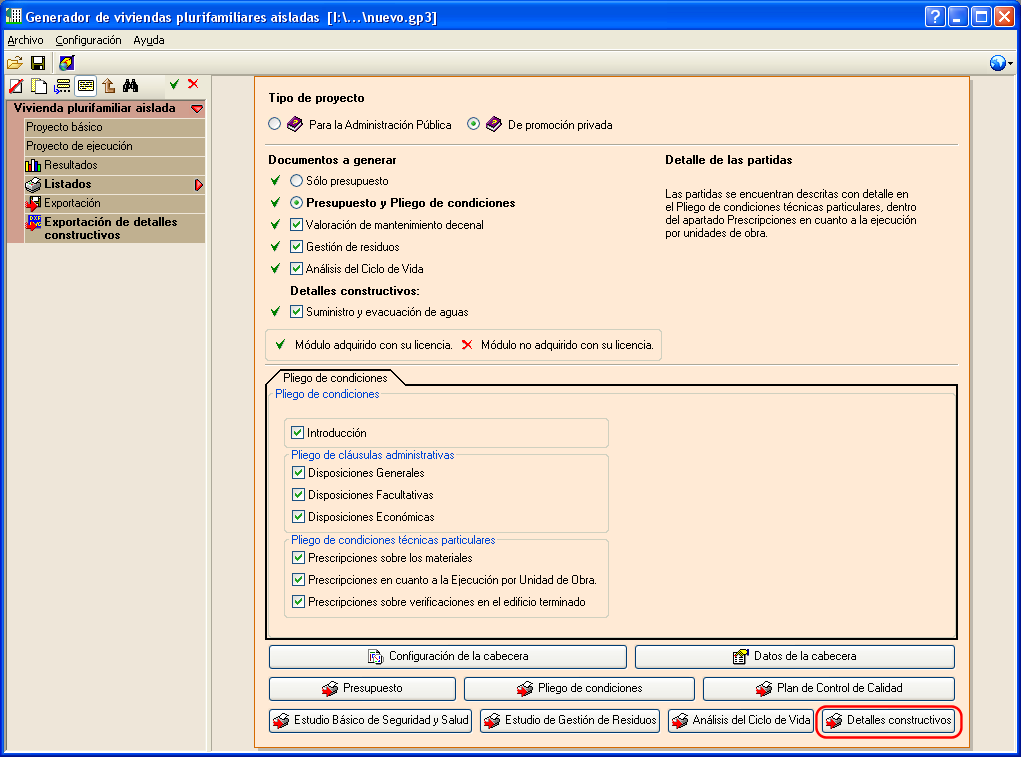 Impresión o exportación de detalles constructivos desde el Generador de presupuestosen en formato HTML, PDF, RTF o DOCX