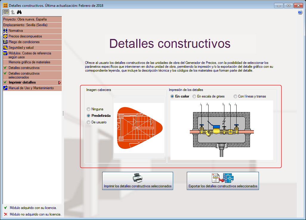 Detalles constructivos. Opciones de impresión