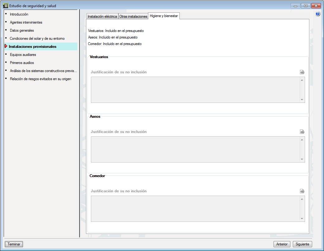 Estudio de Seguridad y Salud. Instalaciones provisionales. Higiene y bienestar